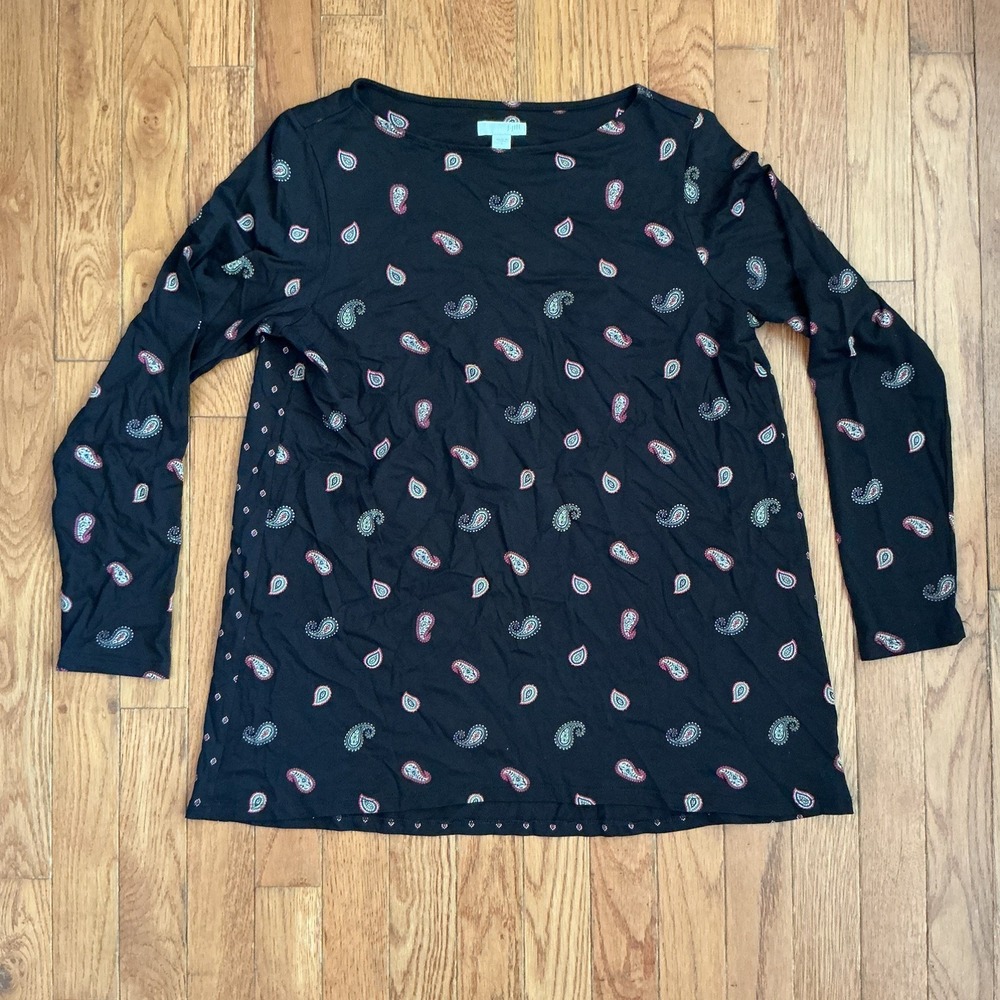 J. Jill Women's Black Bandana Paisley Long Sleeve T-Shirt - Small